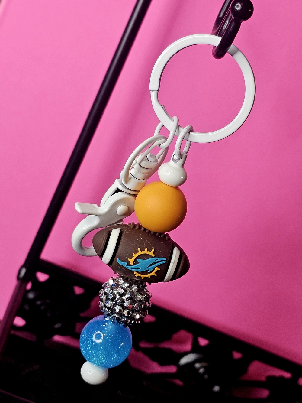 NFL Miami Dolphins Football SPARKLY Blue,White & Orange Custom Beaded Keychain